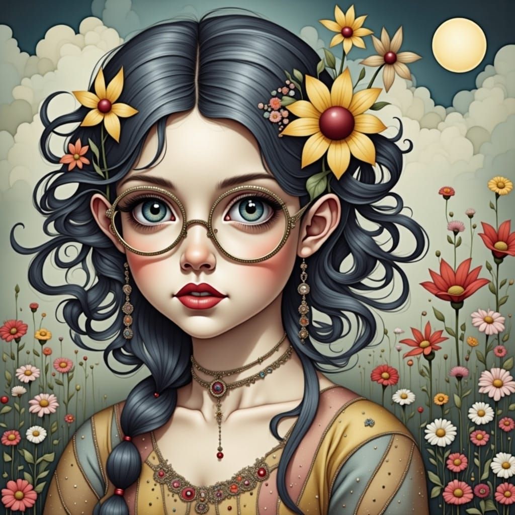 Gothic Dream Girl with Daisies in Patchwork Style