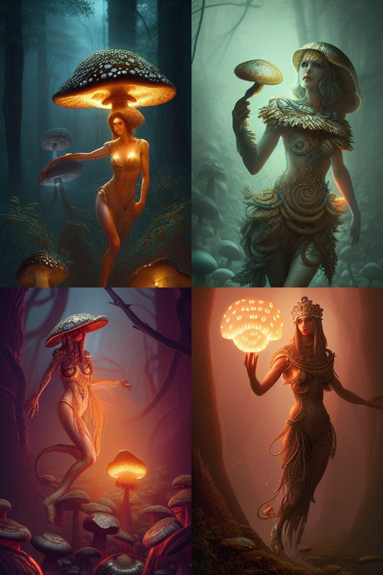 Bioluminescent Mushroom Woman: Detailed Digital Illustration