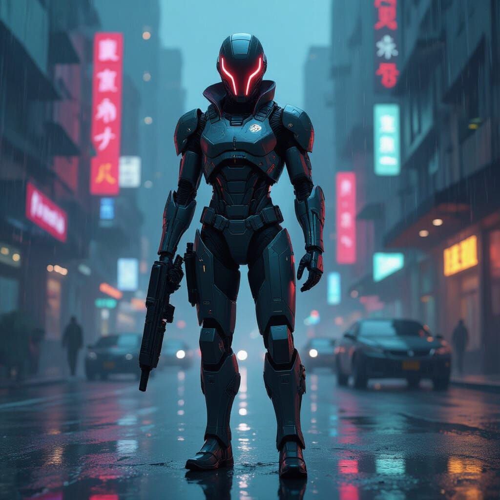 Cyberpunk Bounty Hunter in Dystopian Cityscape