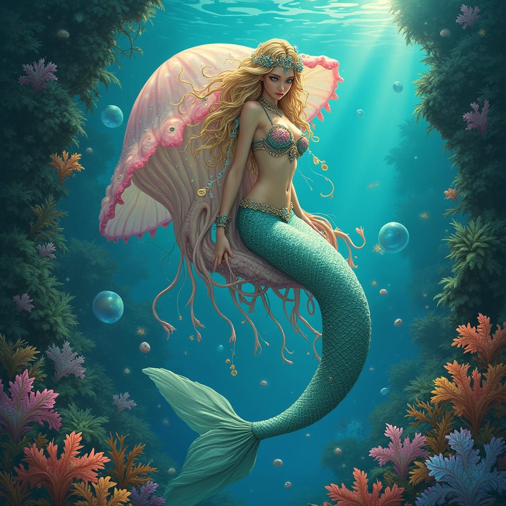 Opalescent Mermaid in Sunken City, Art Nouveau Style