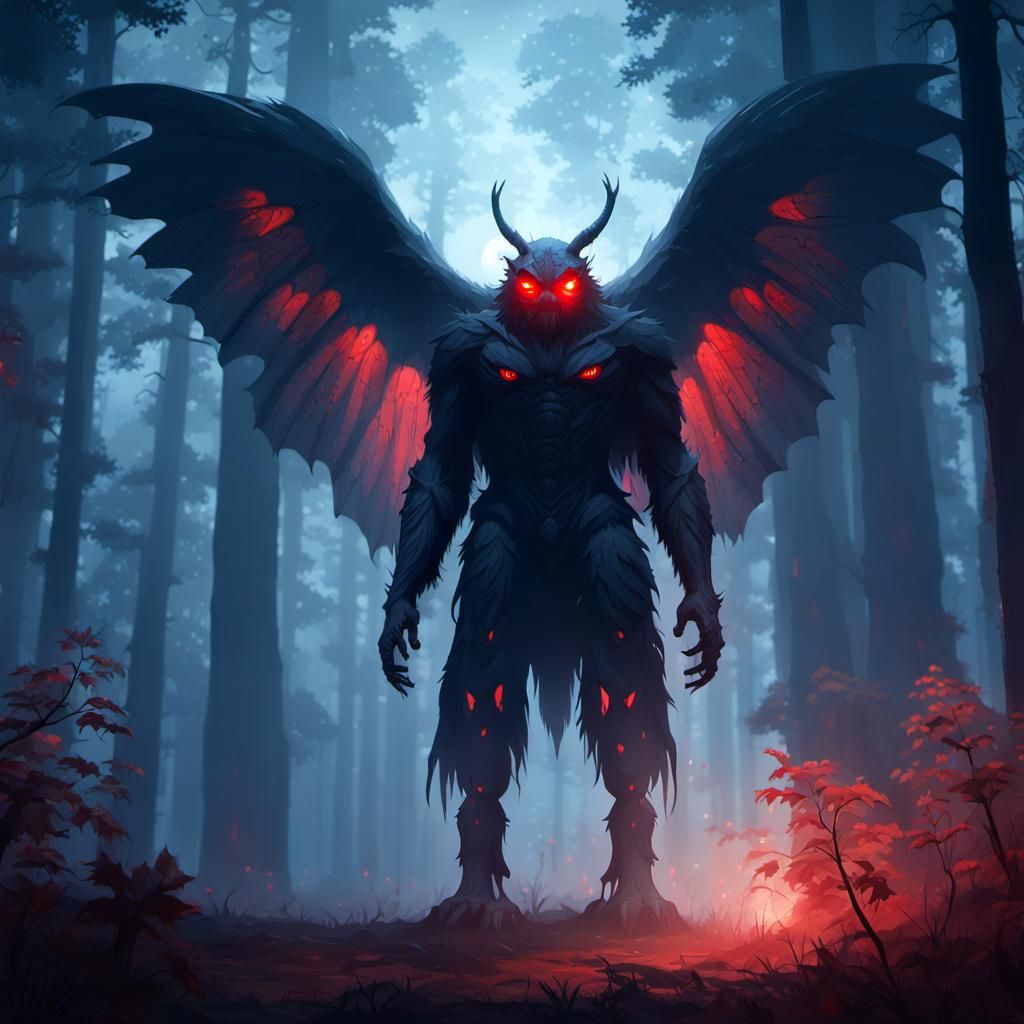 Hyperdetailed Mothman in Foggy Forest, Anime Style
