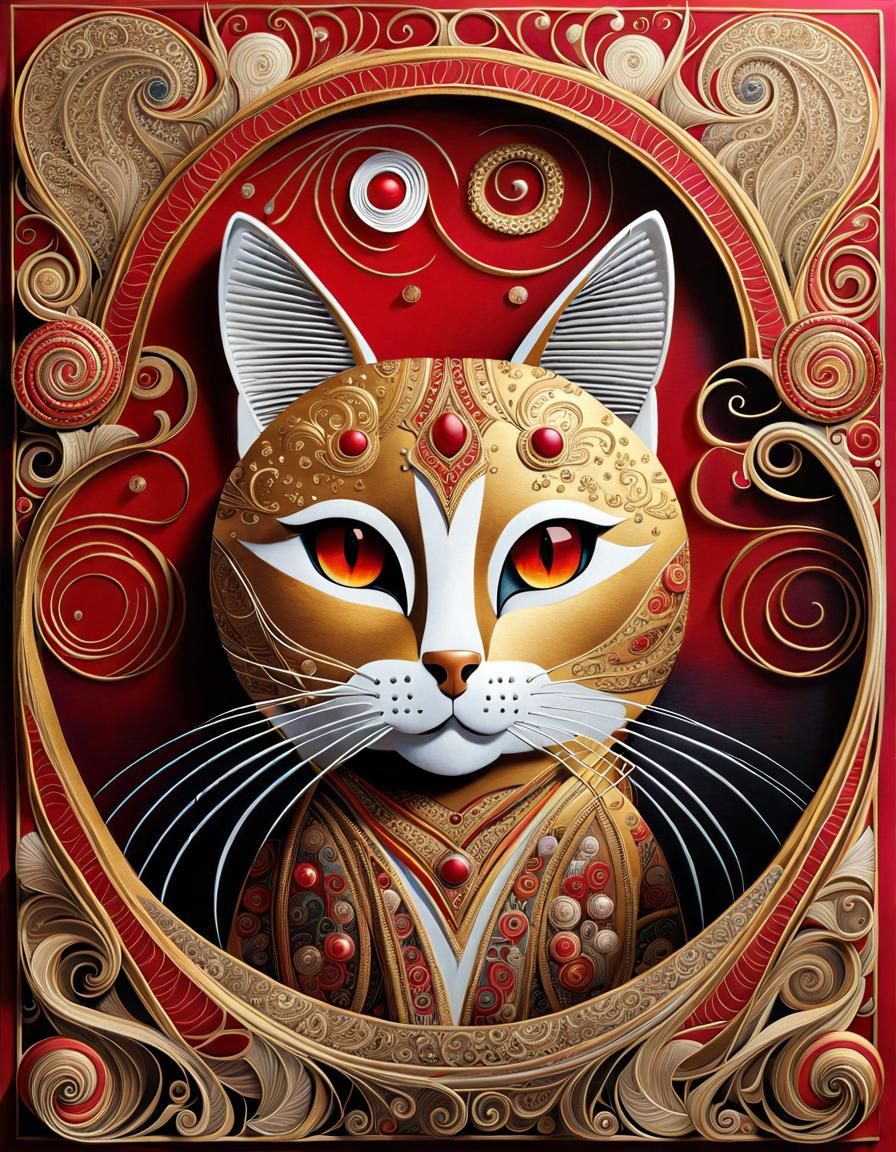 Intricate Cat Portrait in Textile Art Style