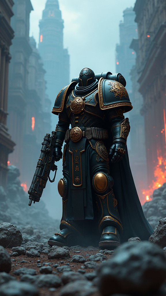 Heroic Space Marine in Ruined Gothic Cityscape