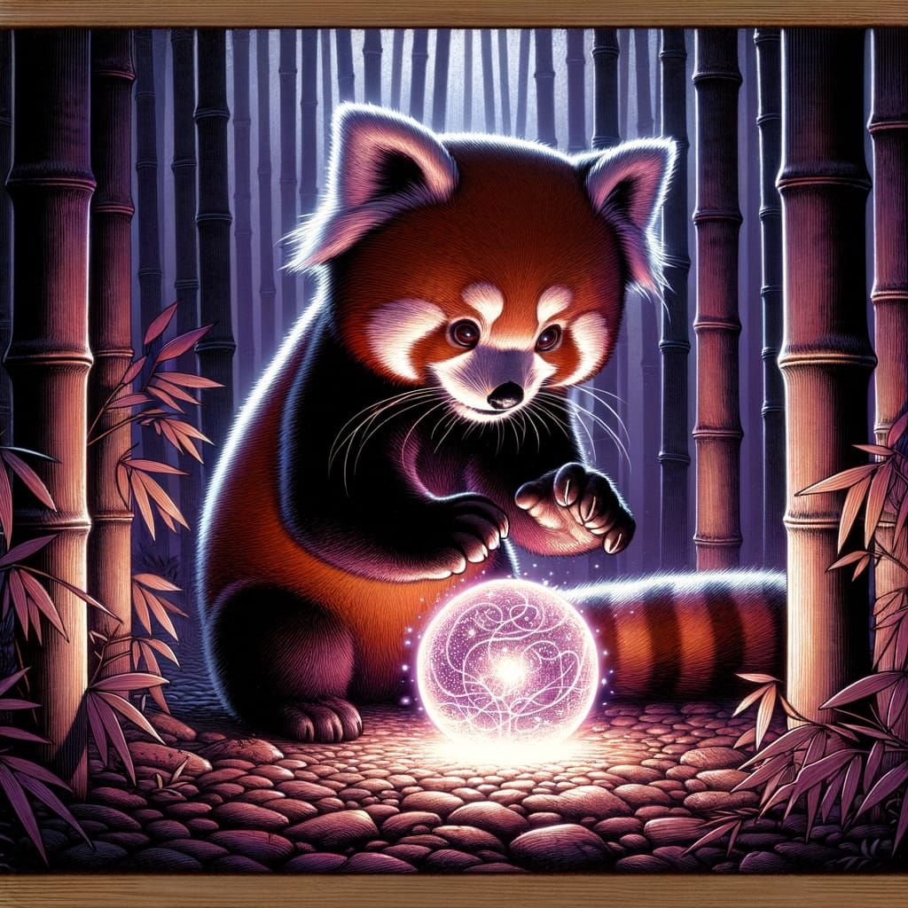A mischievous red panda playfully batting at a floating orb ...
