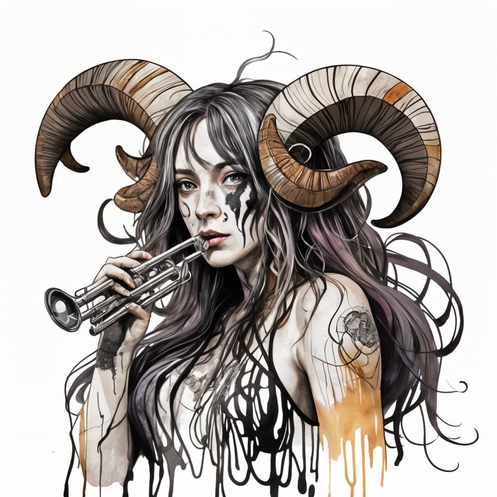 Ink Portrait of Woman with Ram Horns Trumpeting in Muted Col...