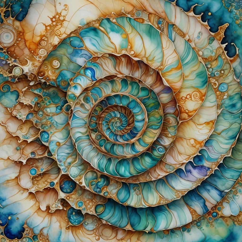 Opalescent Fractal Sea Shell in Watercolor and Ink