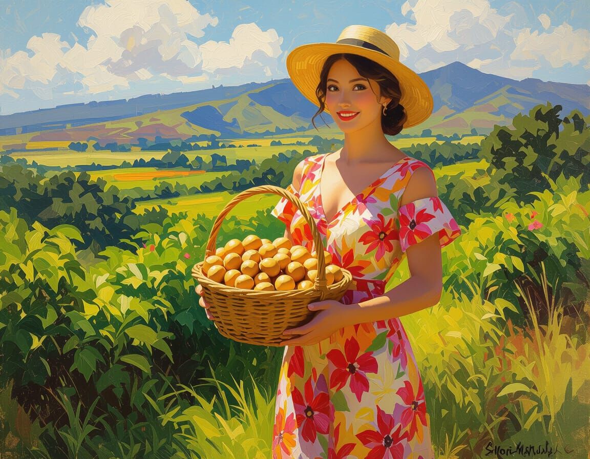 Hawaiian Woman with Macadamia Nuts, Impressionist Style