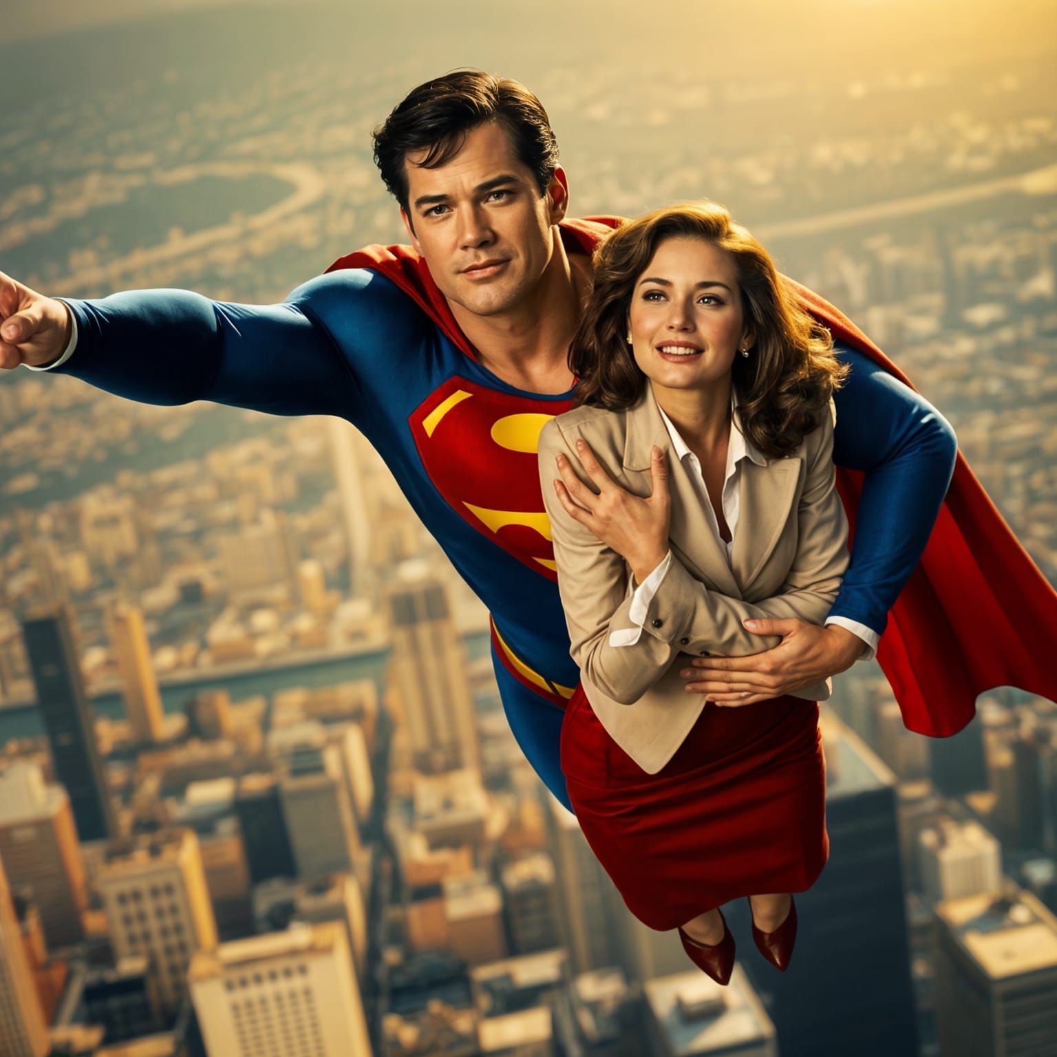 Superman and Lois Lane Soaring Over Metropolis