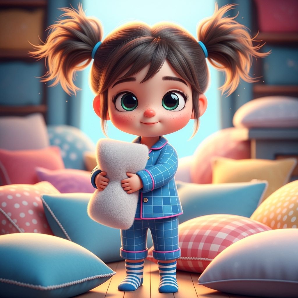Chibi Girl in Pajamas with Pillow Amidst Plush Comfort