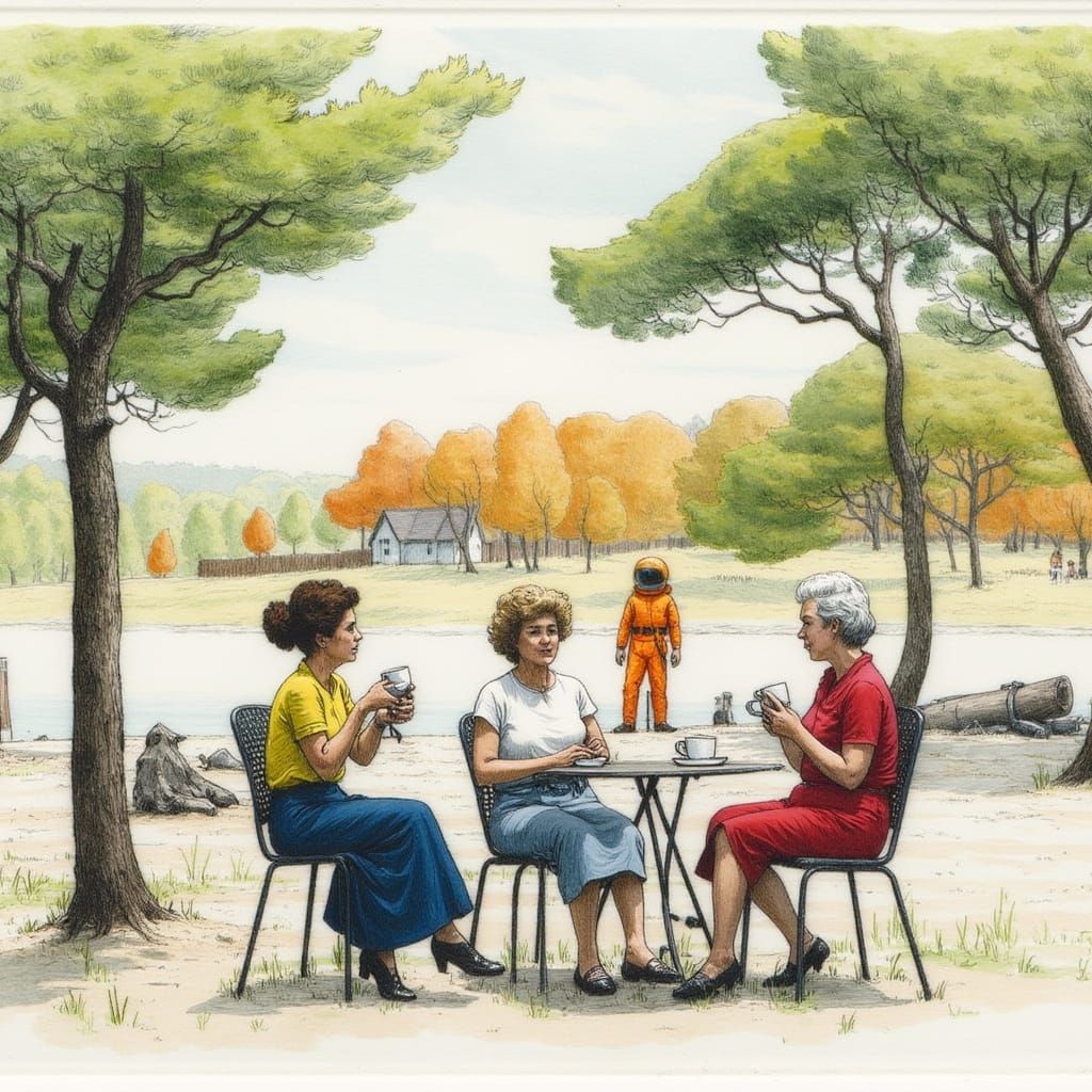 Ladies Enjoy Coffee in Park with Spaceman, Watercolor Style