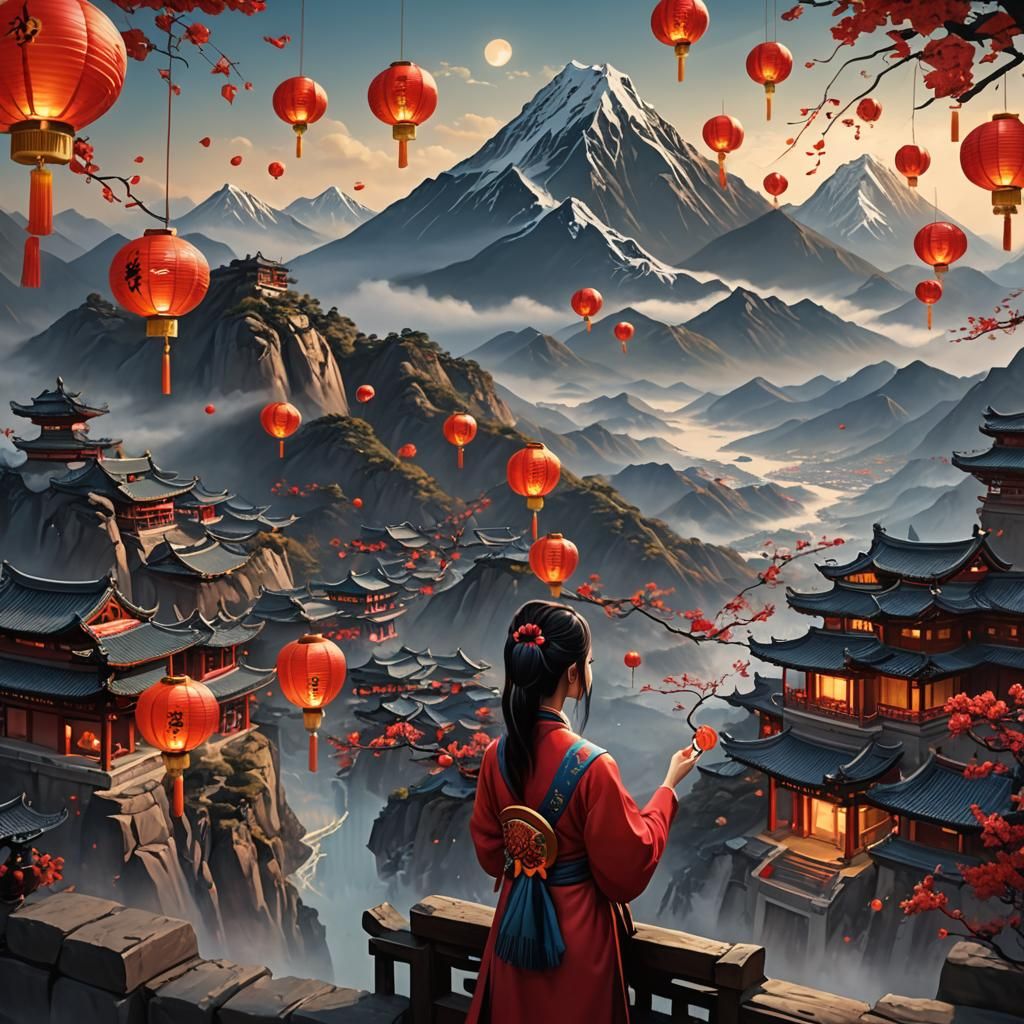 Chinese New Year Lantern Painting, Fantasy Art