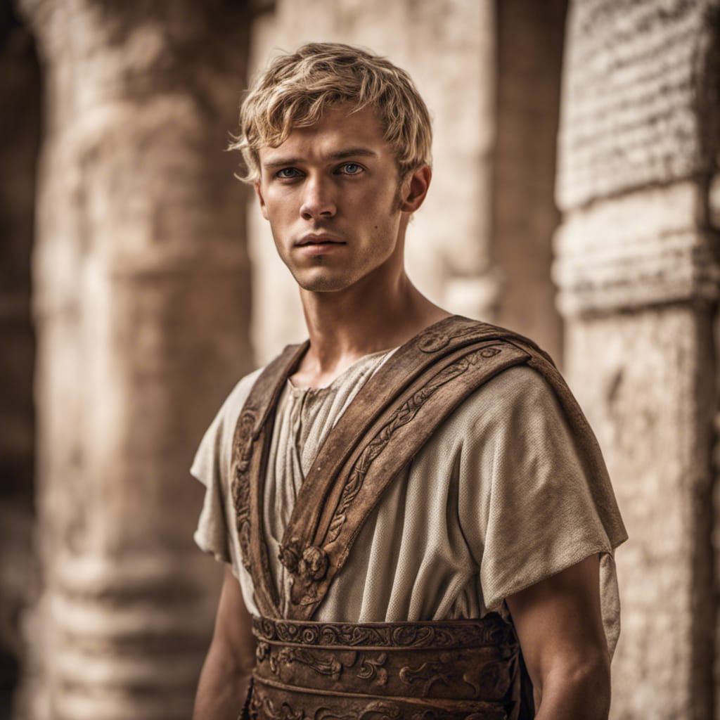 Young Man in Roman Tunic, Hyperrealistic HDR Portrait