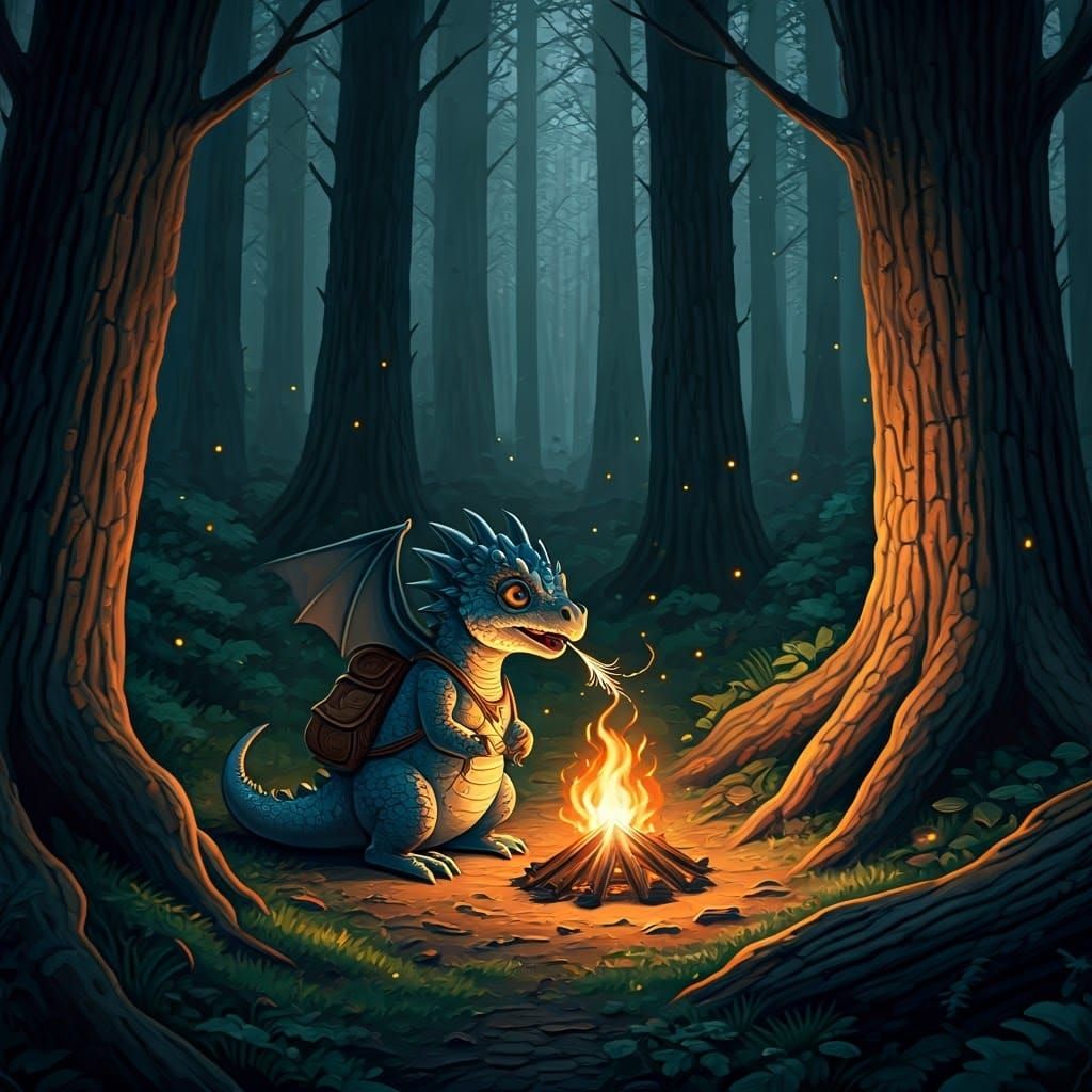 Baby Dragon Lights Campfire in Misty Forest