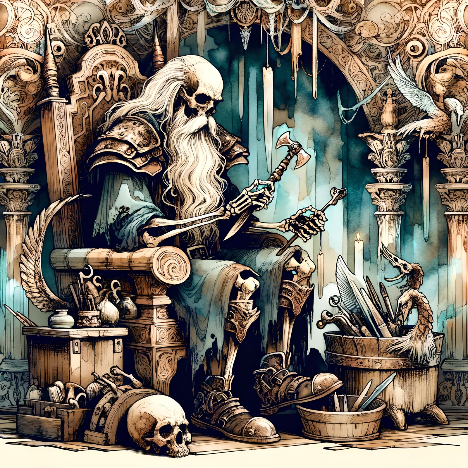 Undead Dwarf Weaponsmith in Ornate Cave, Watercolor Painting