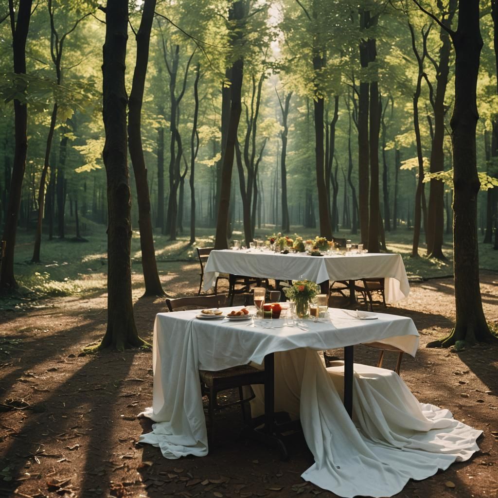 Cinematic Long Table in Forest Sunlight