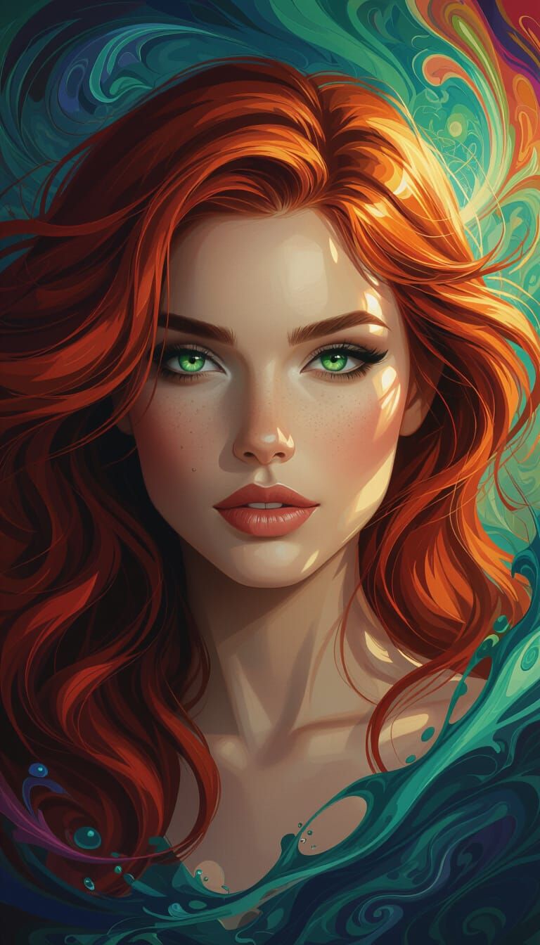 Hyperrealistic Woman with Crimson Hair and Emerald Eyes