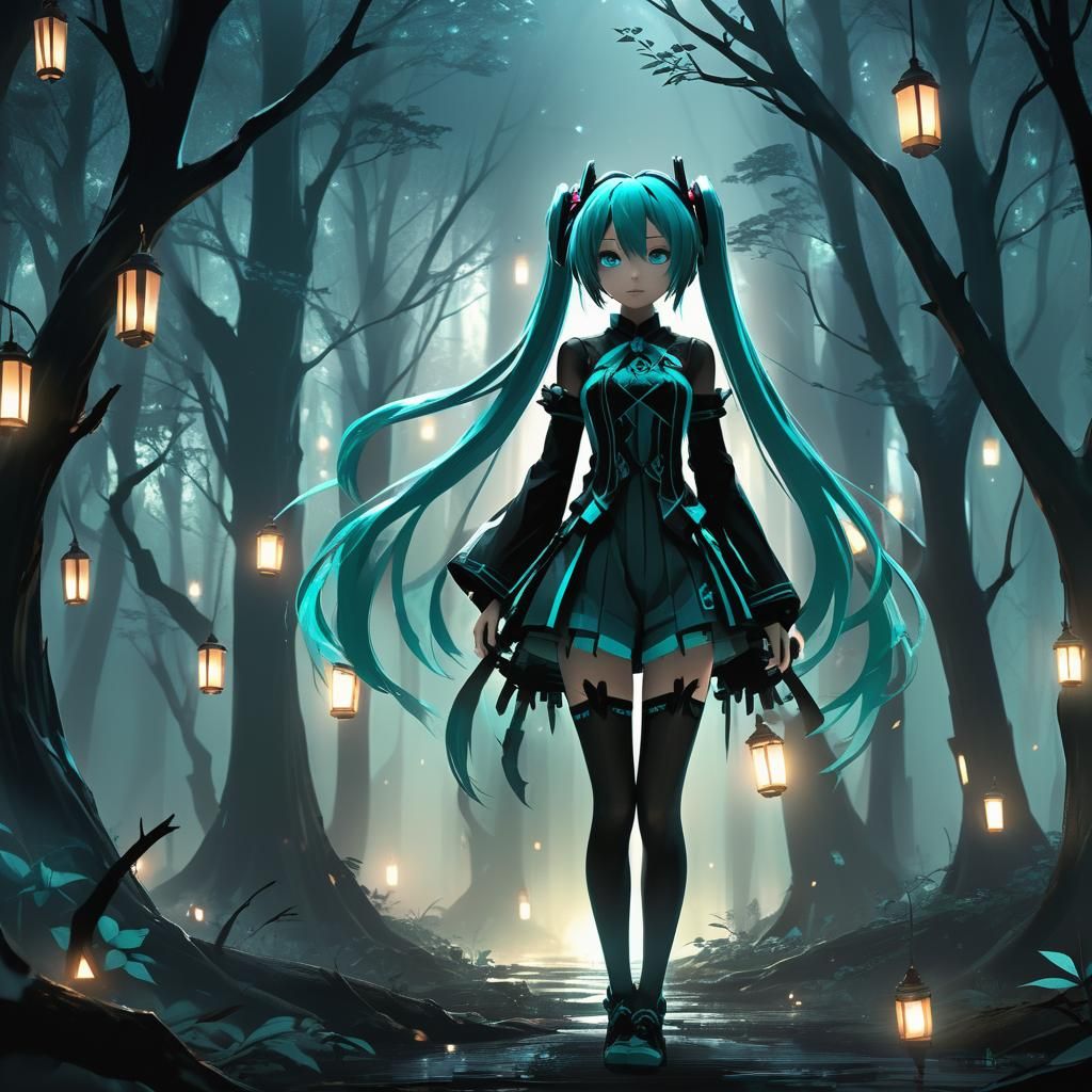 Gothic Hatsune Miku in Mystical Forest, Anime Art