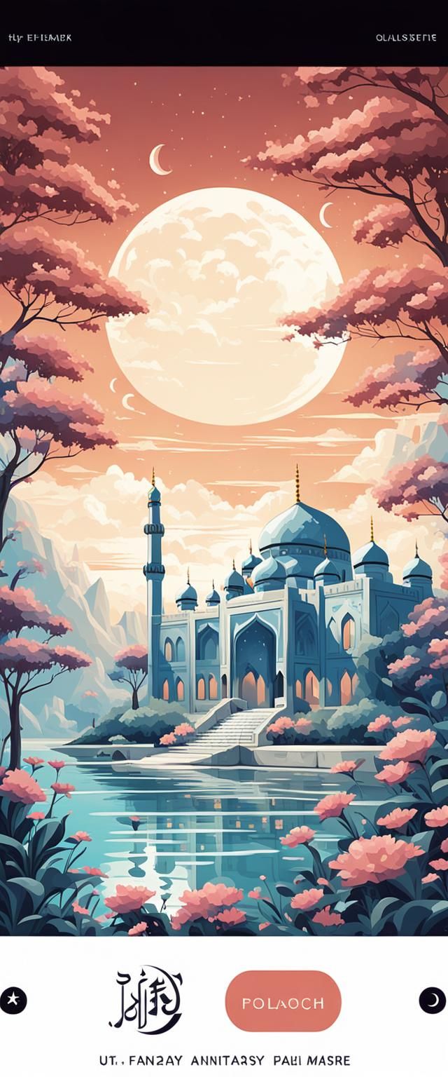 Fantasy Mosque at Night with Moonlit Lake