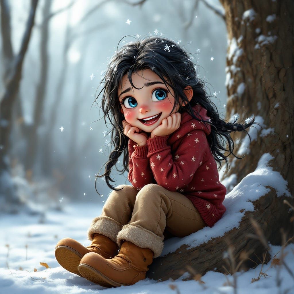 Smiling Girl in Winter Forest, Watercolor Painting