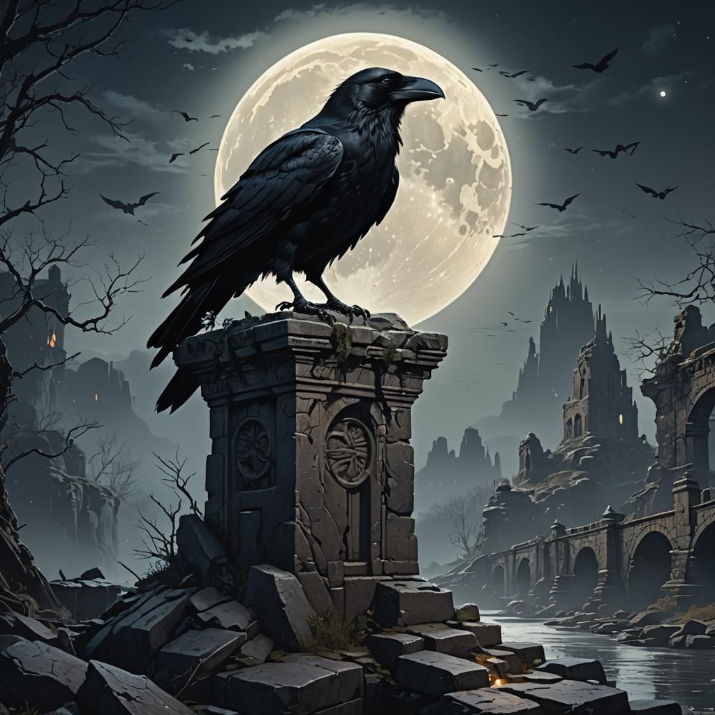 Dramatic Crow on Ruined Bridge in Dark Fantasy Style