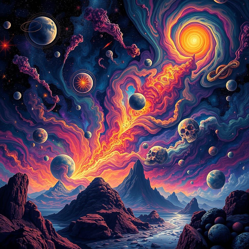 Cosmic Landscape with Swirling Nebulae in HDR