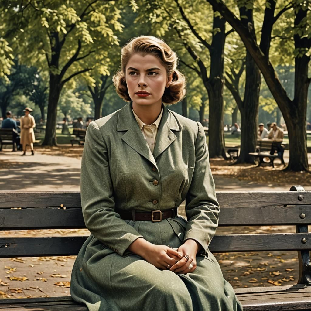 Young Ingrid Bergman: Hyperrealistic Park Bench Portrait