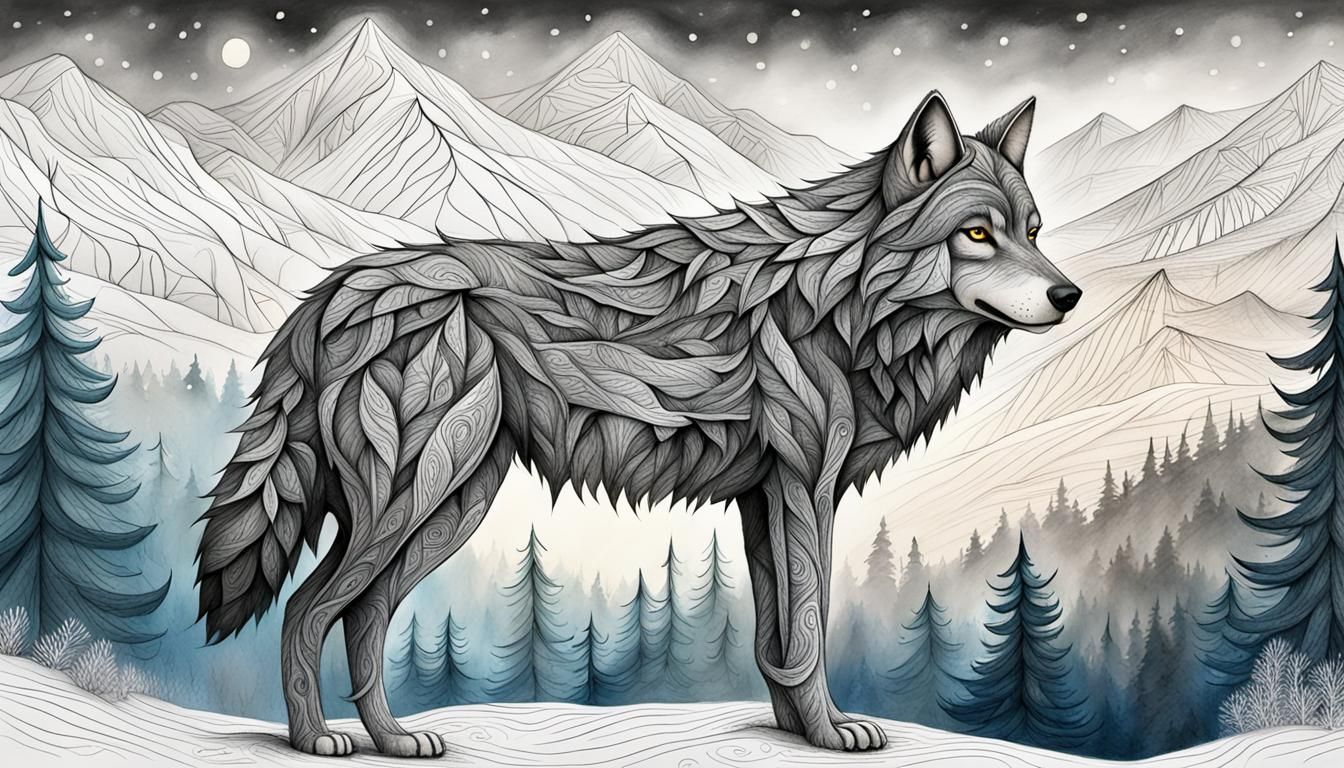 Doodle Art: Wolf in Winter Wonderland
