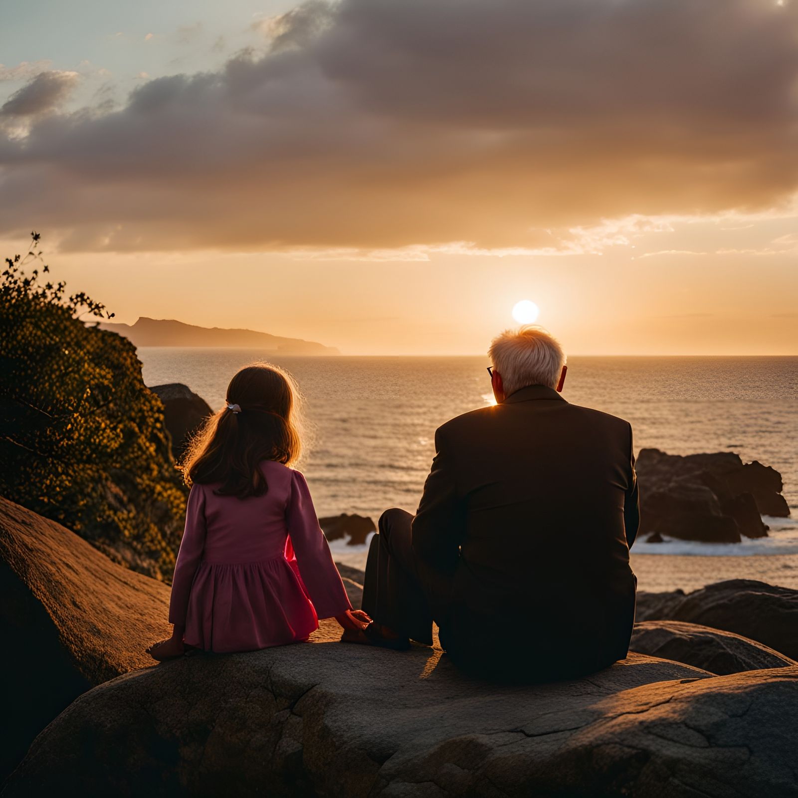 Grandfather and Granddaughter Watching Sunset: Outdoor Photo...