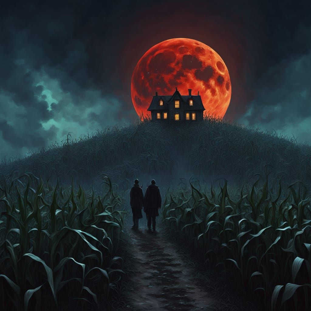 Teenagers Gaze at Haunted House Under Blood Moon