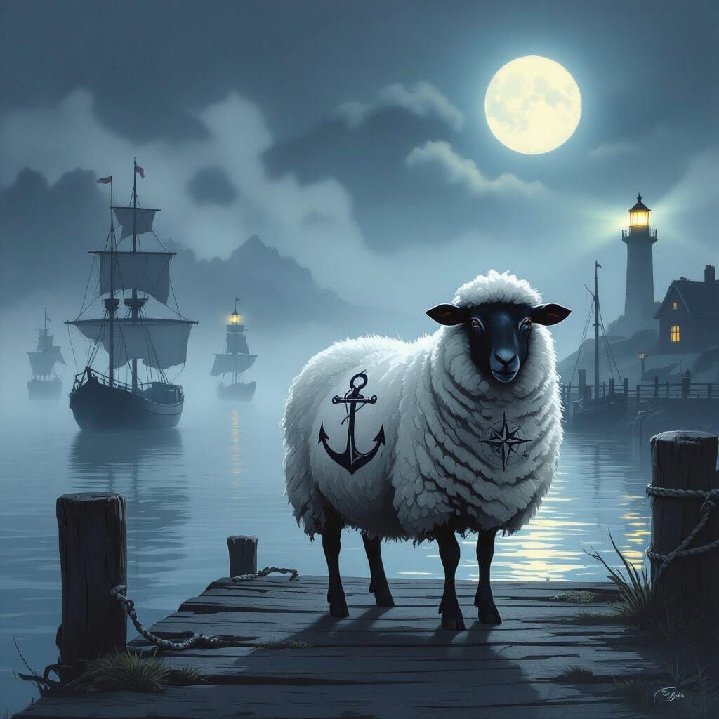 Whimsical Sailor Sheep on Foggy Moonlit Dock