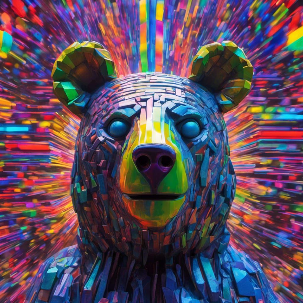Holographic Neon Totem Bear Head Art