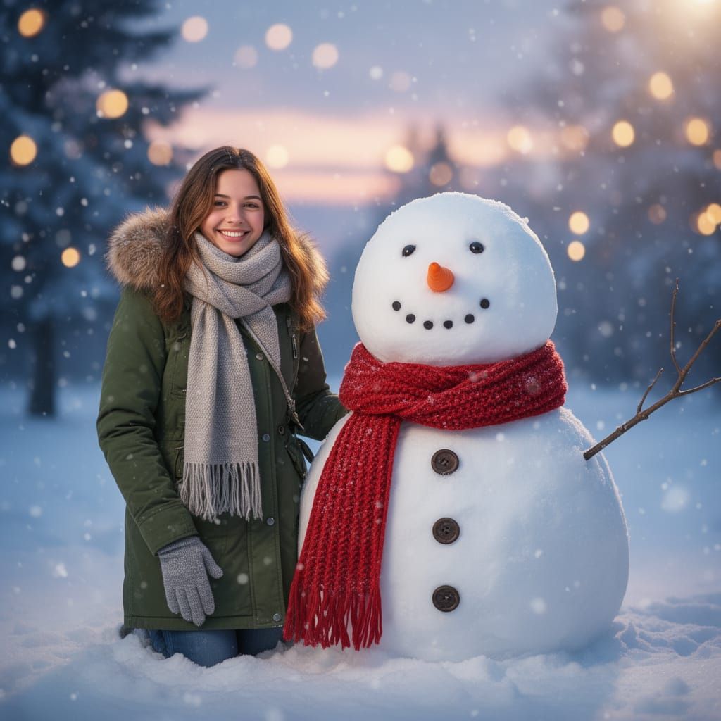 Woman and Snowman in Snowy Landscape at Dusk
