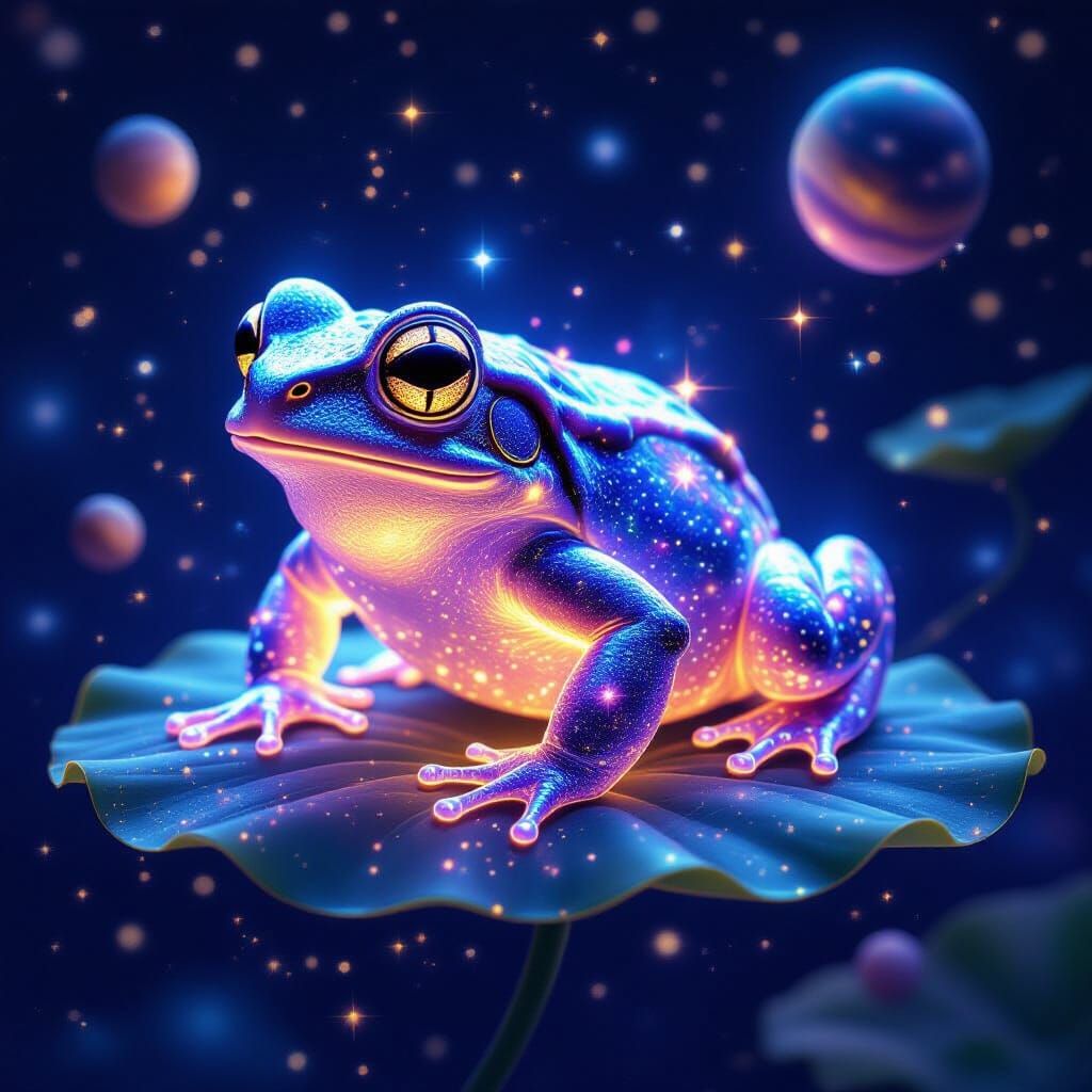 Cosmic Toad Perched on Lotus Leaf in Space