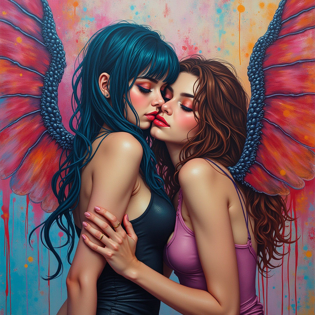 Lesbian Nephilim Embrace in Polychromatic Street Art