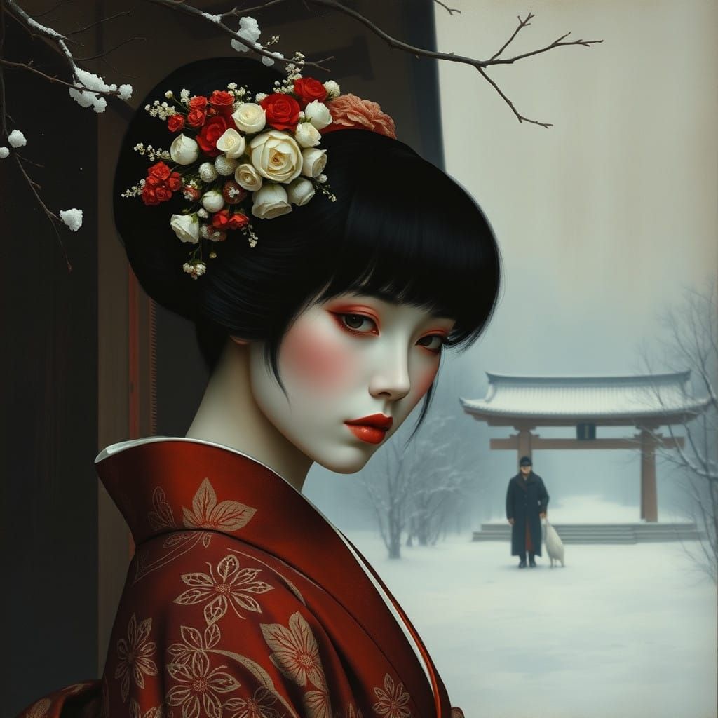 Surreal Winter Geisha in Minimalist Japanese Temple