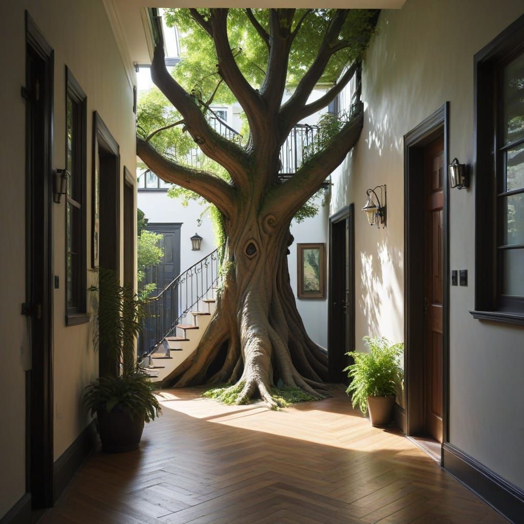 Biophilic Art: Tree Merging Into Hallway