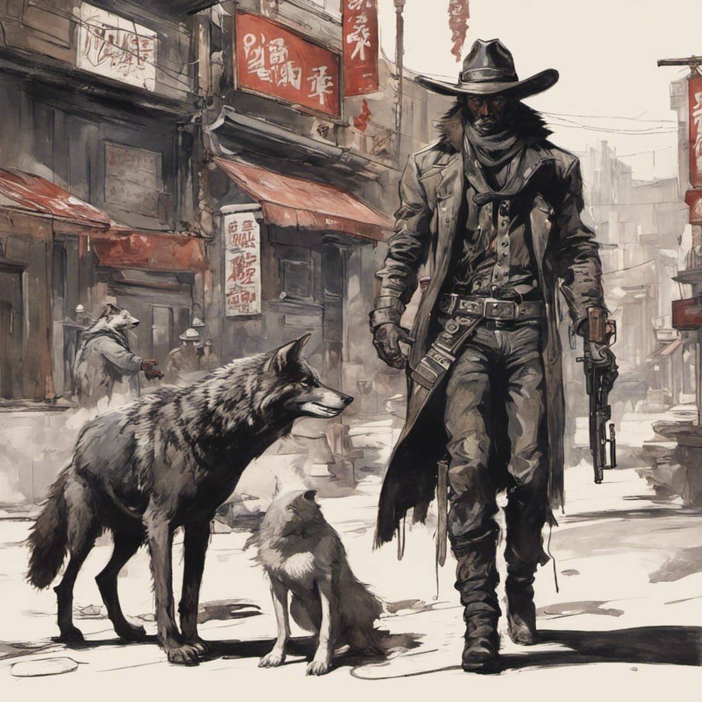 Sinister Cowboy Bounty Hunter with Wolf in Chinatown