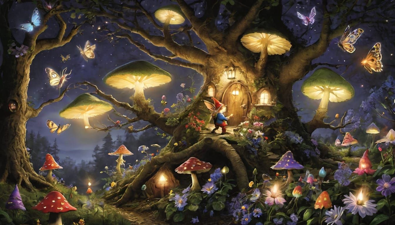 Whimsical Faerie Folk Frolic Under Starry Night Sky