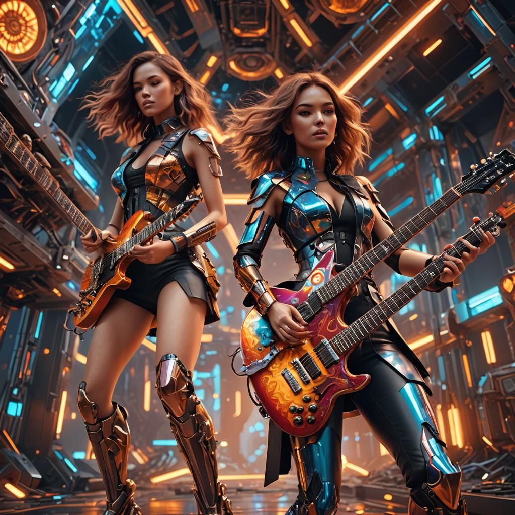 Kaleidoscopic Guitarists in Futuristic Sci-Fi Style