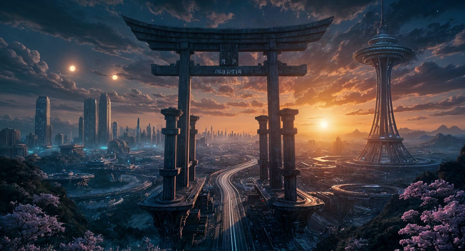 Futuristic Megacity Exoplanet with Torii Gate