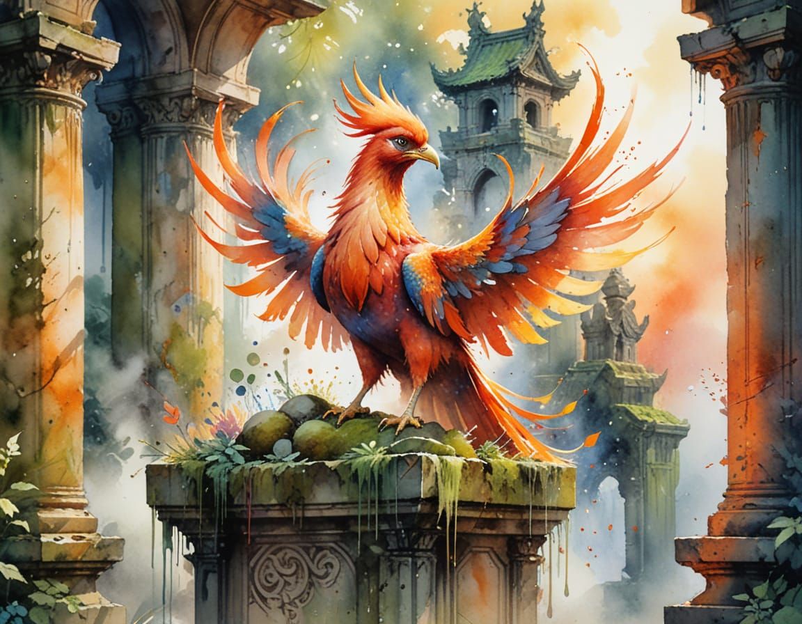 Phoenix in Crumbling Temple: Watercolor Art
