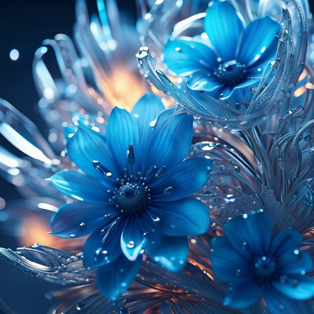 Photorealistic Blue Sunset Flowers with Transparent Petals