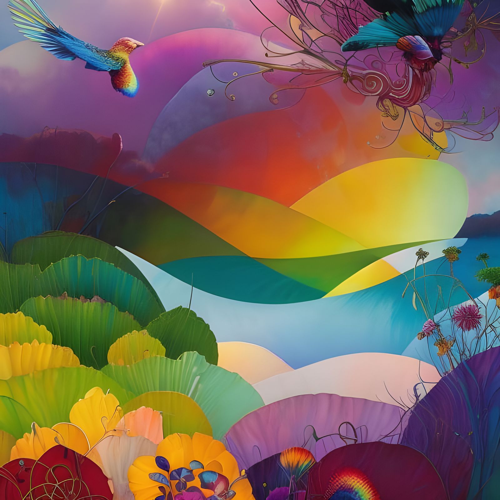 Rainbow Treehouse Garden at Sunset: Fantasycore Art