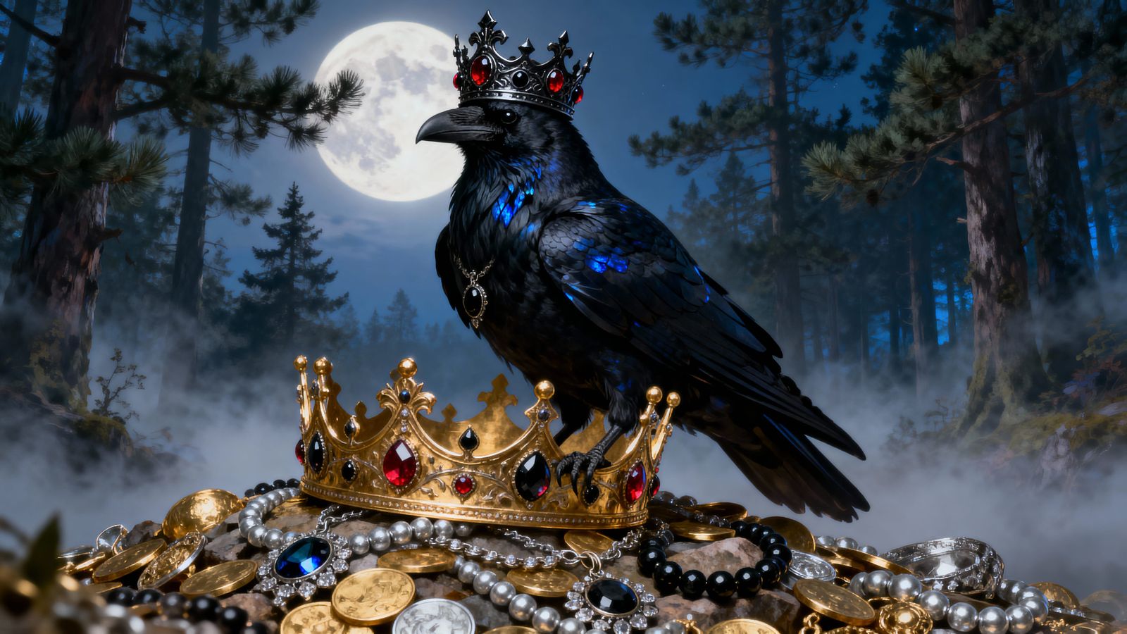 Raven King on Crown in Moonlit Forest