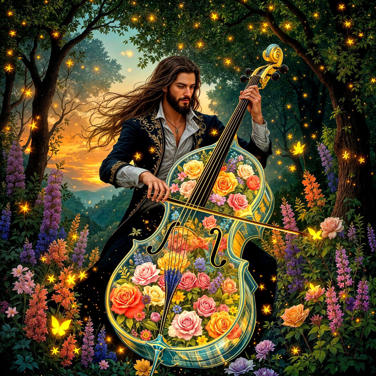 Man Plays Transparent Cello of Flowers in Enchanted Forest
