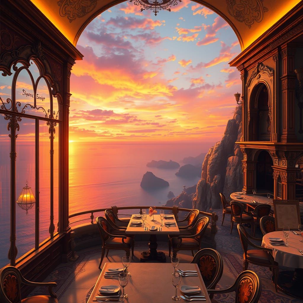 Surreal Cliffside Restaurant Captures Sunset's Golden Glow i...