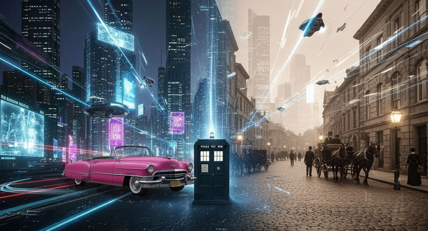 Surreal Time Travel Cityscape in Double Exposure Style