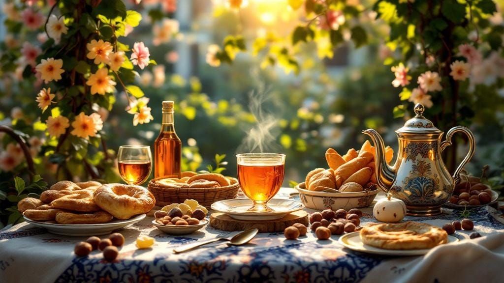 Turkish Tea on Shaded Terrace, Traditional Art Style