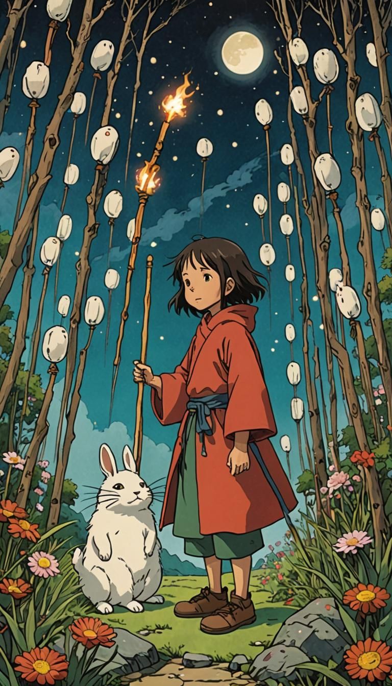 Nine of Wands Tarot Card in Ghibli Style