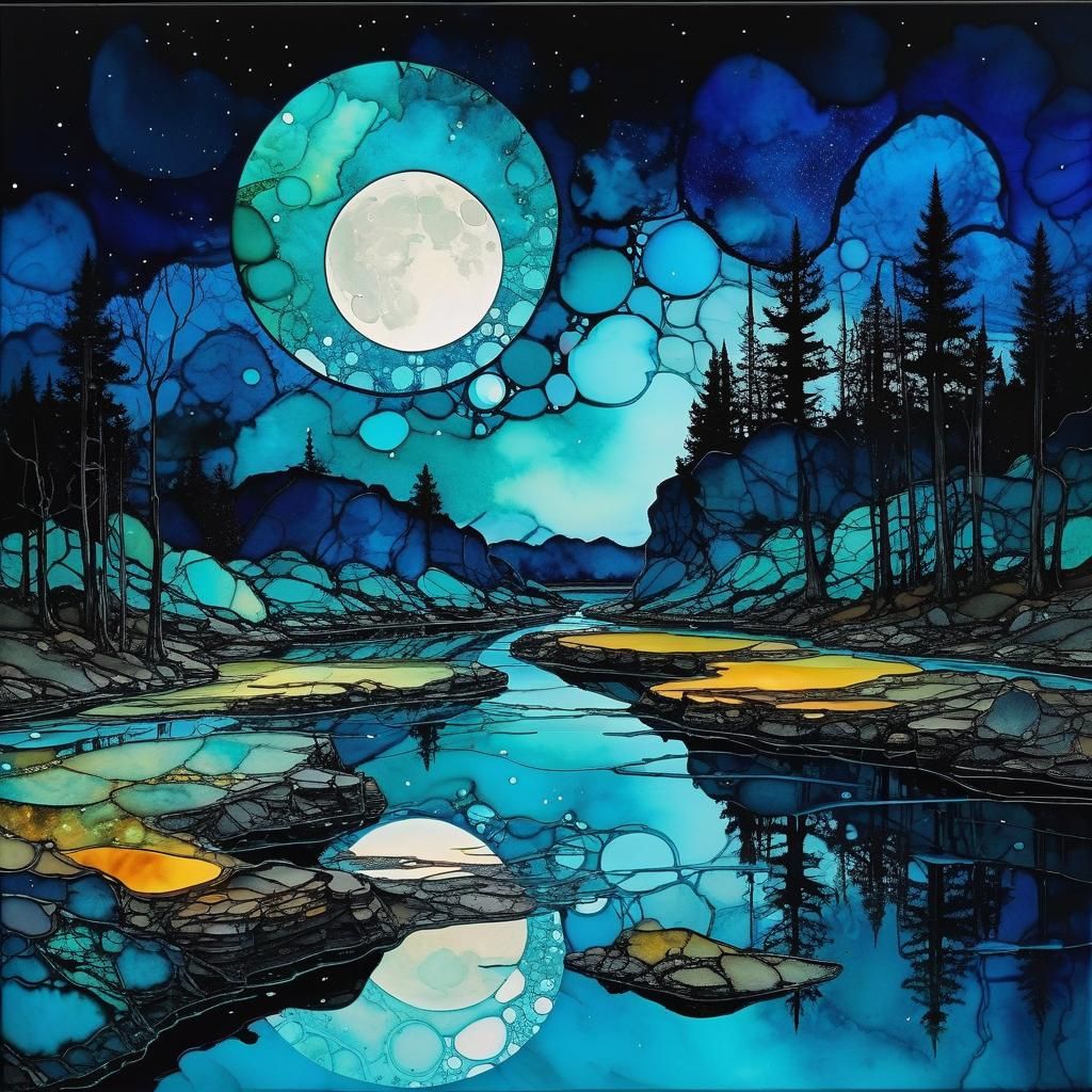 Moonlit River in Otherworldly Alcohol Ink Style